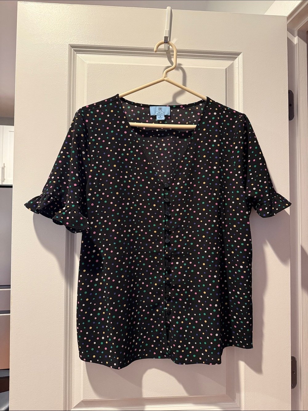 CeCe Black Button-Front Blouse with Multicolor Polka Dots